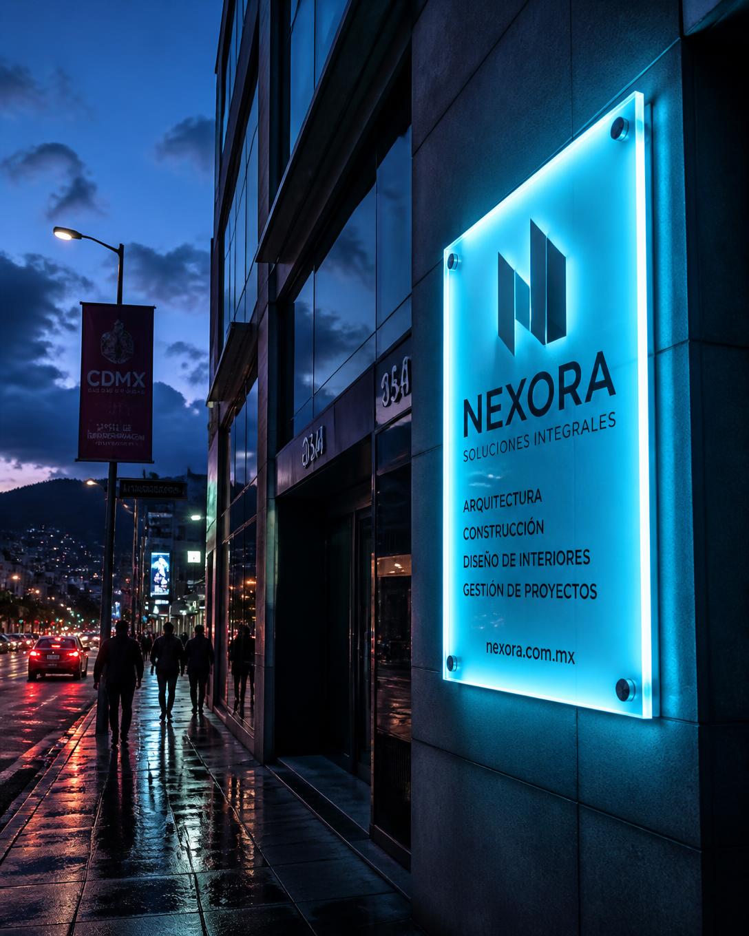 Anuncio luminoso de acrílico instalado en la fachada de un edificio comercial al anochecer